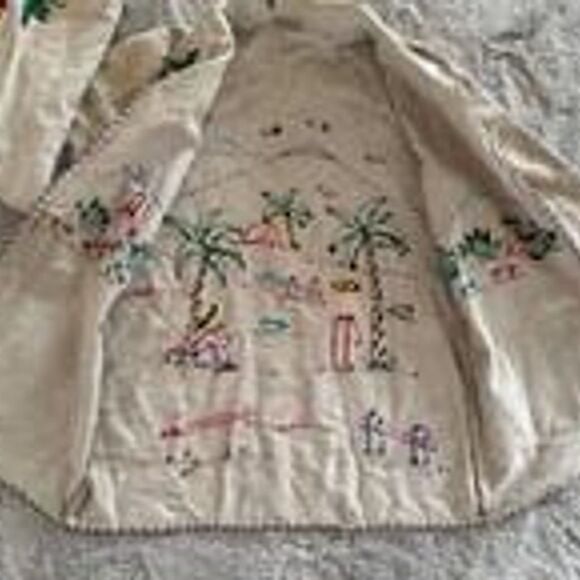Vintage Lopez Mexican Wool Open Tourist Coat Jacket Yarn Embroidered Tan Sz S/M - Picture 10 of 12